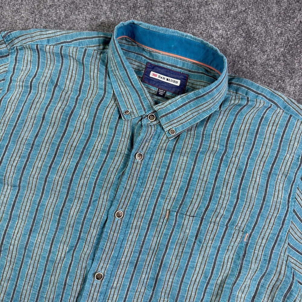 32 Bar Blues Mens Shirt 3XL 100% Linen Striped Turquoise Short Sleeve Button Up